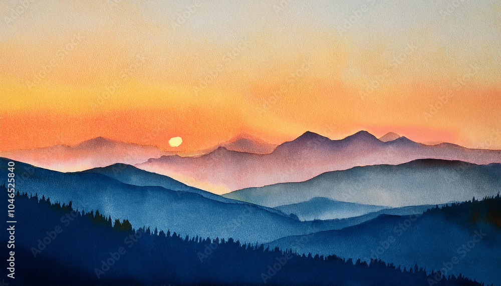 Fototapeta premium Minimal abstract sunset mountain landscape background; hand drawn painting on paper
