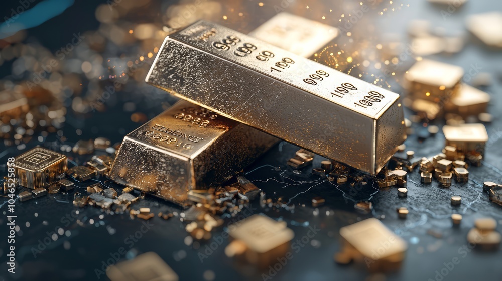 Authentic Gold Bars Surrounded by Stock Market Symbols in Warm Tones Authentic Gold Bars Surrounded by Stock Market Symbols in Warm Tones