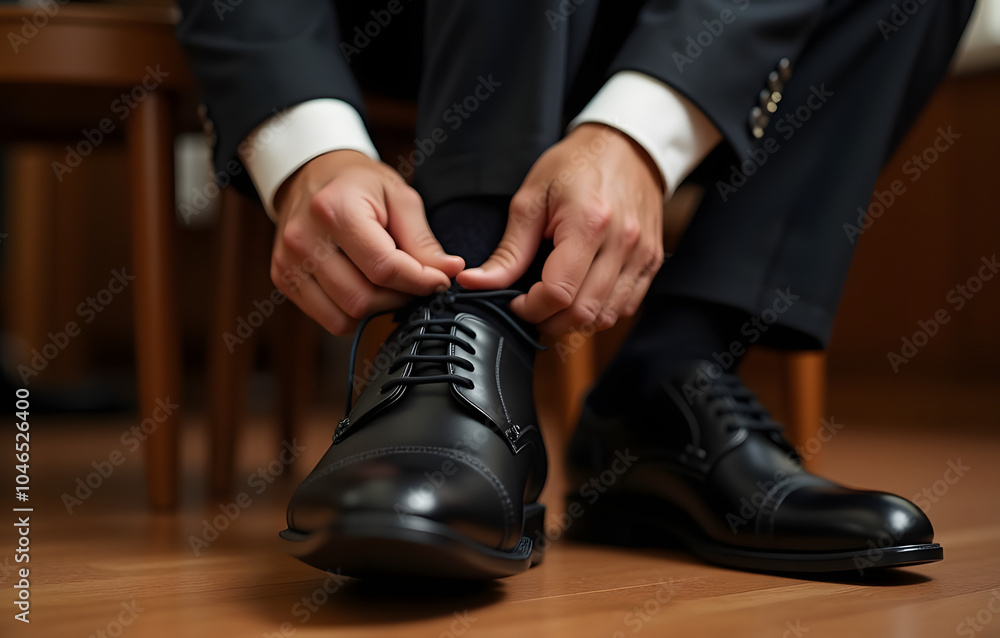 Man tying shoelaces of black leather shoes while getting ready in formal attire
Man tying shoelaces of black leather shoes while getting ready in formal attire
