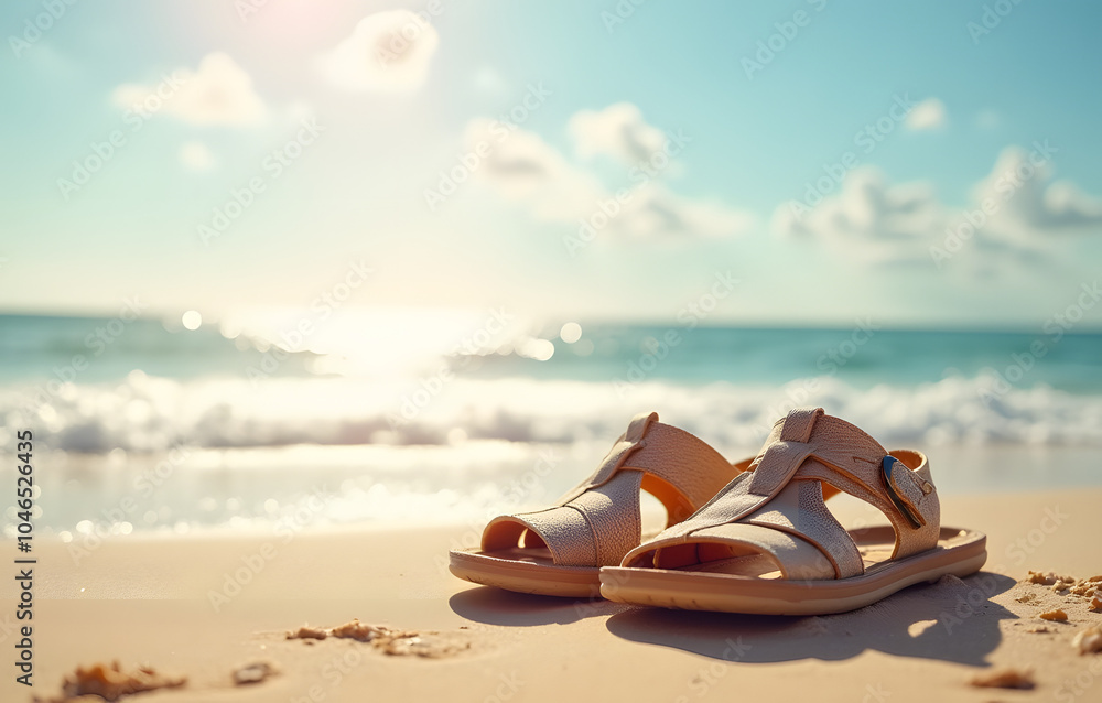 Chic sandals resting on sandy beach with ocean waves under a bright sky
Chic sandals resting on sandy beach with ocean waves under a bright sky
