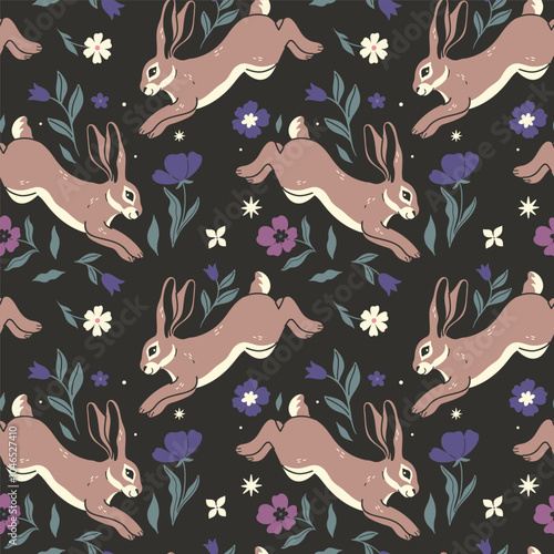 Seamless pattern of hares and flowers on a dark background. Vector graphics.