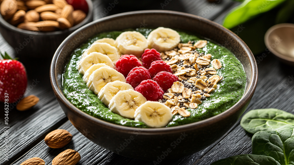 Green Smoothie Bowl with Banana, Raspberries, Almonds, and Granola Green Smoothie Bowl with Banana, Raspberries, Almonds, and Granola
