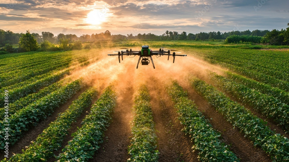 A drone dispersing fertilizer over green field. An industrial drone flies over a green field and sprays useful pesticides. Modern technologies in agriculture A drone dispersing fertilizer over green field. An industrial drone flies over a green field and sprays useful pesticides. Modern technologies in agriculture