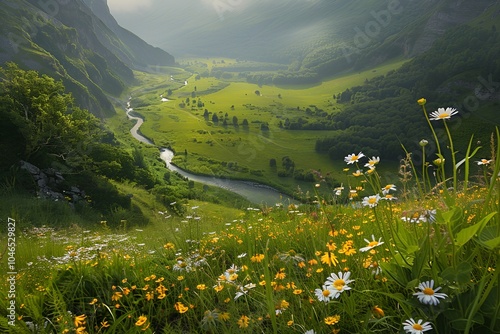 Valley with Wildflowers and Meandering Stream photo