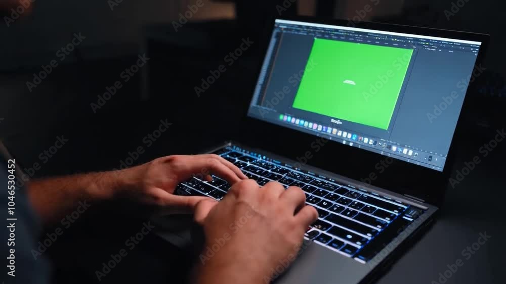 Creating digital project on laptop with green screen, showcasing creativity in modern workspace illuminated by sleek keyboard and advanced technology. chroma key ready Creating digital project on laptop with green screen, showcasing creativity in modern workspace illuminated by sleek keyboard and advanced technology. chroma key ready