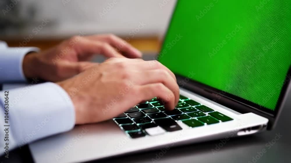 Typing on laptop with green screen, hands on keyboard in modern workspace, highlighting technology and productivity in seamless environment. chroma key ready Typing on laptop with green screen, hands on keyboard in modern workspace, highlighting technology and productivity in seamless environment. chroma key ready