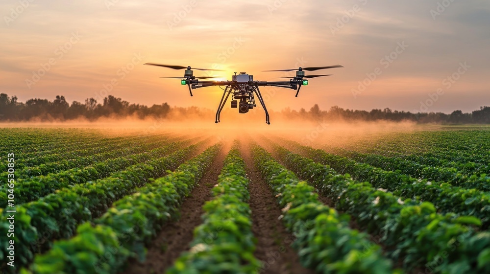 A drone dispersing fertilizer over green field. An industrial drone flies over a green field and sprays useful pesticides. Modern technologies in agriculture A drone dispersing fertilizer over green field. An industrial drone flies over a green field and sprays useful pesticides. Modern technologies in agriculture