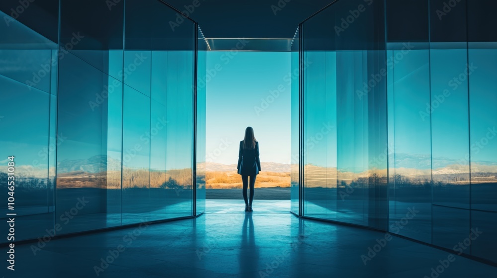 Frau in modernem Glaskorridor mit Blick auf die Zukunft Frau in modernem Glaskorridor mit Blick auf die Zukunft