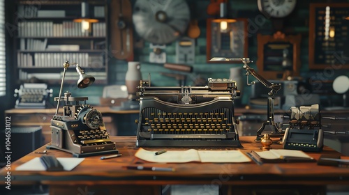 A 3D render of a stenographer s desk with various accessories photo