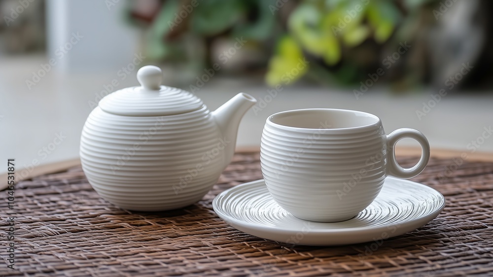 A white teapot and a teacup with a saucer on a woven mat. A white teapot and a teacup with a saucer on a woven mat.