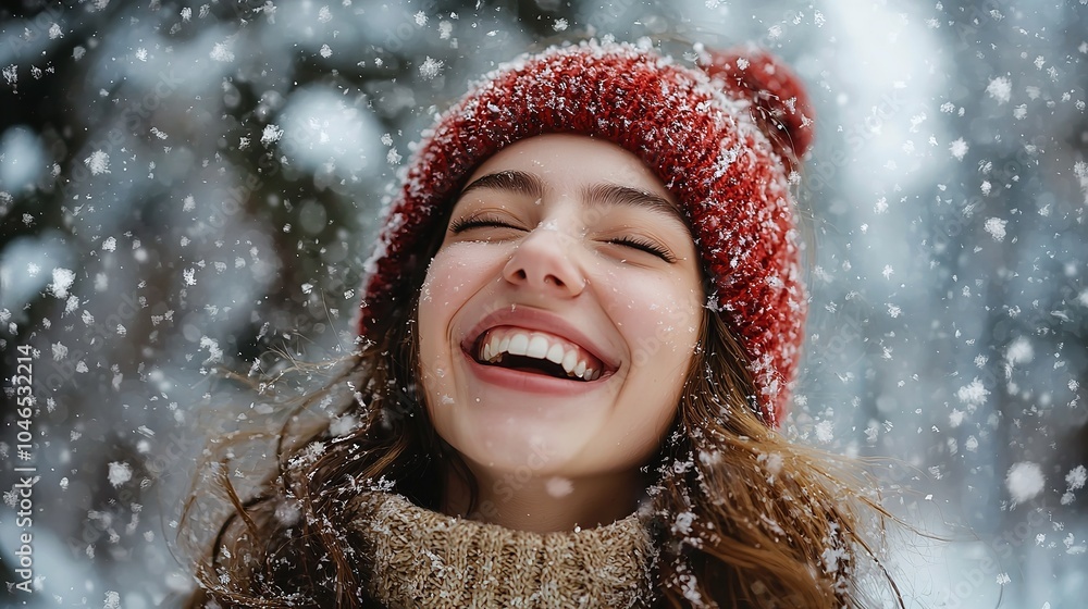 Portrait of a Laughing Woman in a Winter Forest Enjoying the Season Portrait of a Laughing Woman in a Winter Forest Enjoying the Season