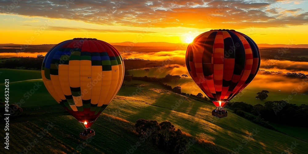 Obraz premium Two hot air balloons soaring above a rolling green landscape at sunrise.