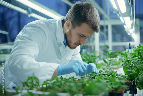 A dedicated agronomist analyzes plant specimens in a high-tech lab to develop innovative strategies for sustainable agriculture.