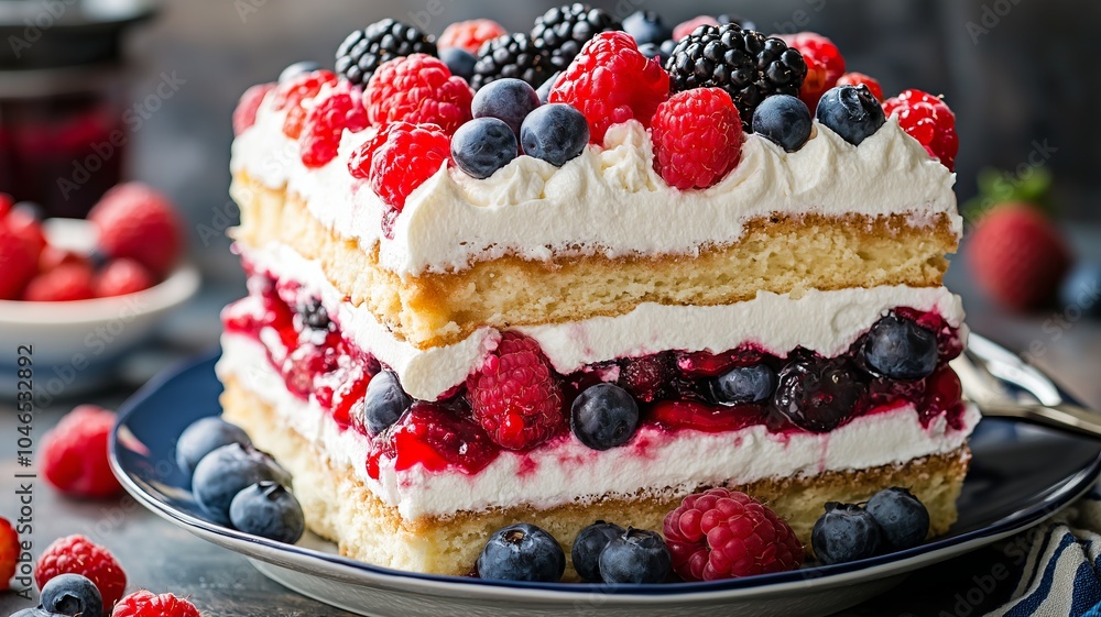 Layered cake with whipped cream and fresh berries. Layered cake with whipped cream and fresh berries.