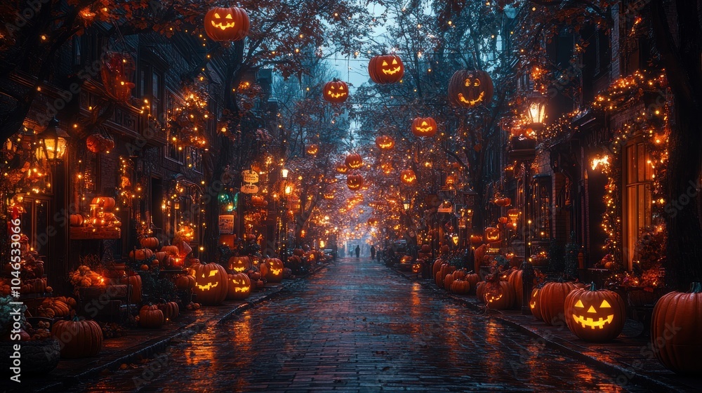 Fototapeta premium A spooky street adorned with glowing pumpkins and autumn decorations.