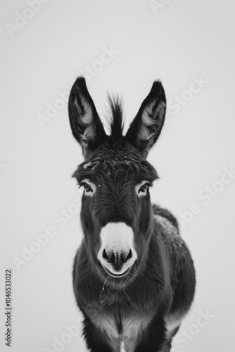 Wallpaper Mural Close-up portrait of a curious donkey with large ears and expressive eyes, set against a minimalist white background in striking black and white photography. Torontodigital.ca
