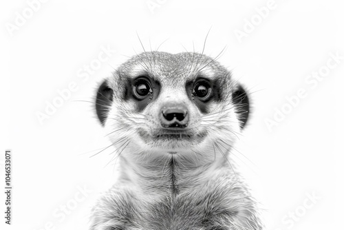 Close-up portrait of a curious meerkat against a white background, showcasing its expressive eyes and attentive demeanor, ideal for wildlife and nature themes. photo