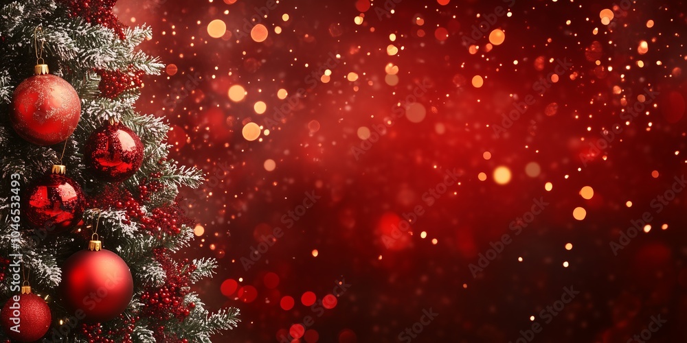 Red Christmas tree ornaments on a snowy branch against a red bokeh background. Red Christmas tree ornaments on a snowy branch against a red bokeh background.