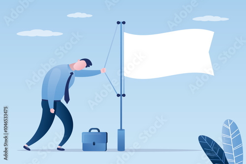 Giving up, time to quit or failed company. Unhappy businessman rising white flag on flagpole. Loser, failure or crisis. Metaphor of giving up or giving up on work and business.