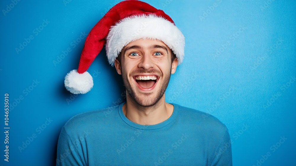A man in a Santa hat with a wide, joyful smile. A man in a Santa hat with a wide, joyful smile.