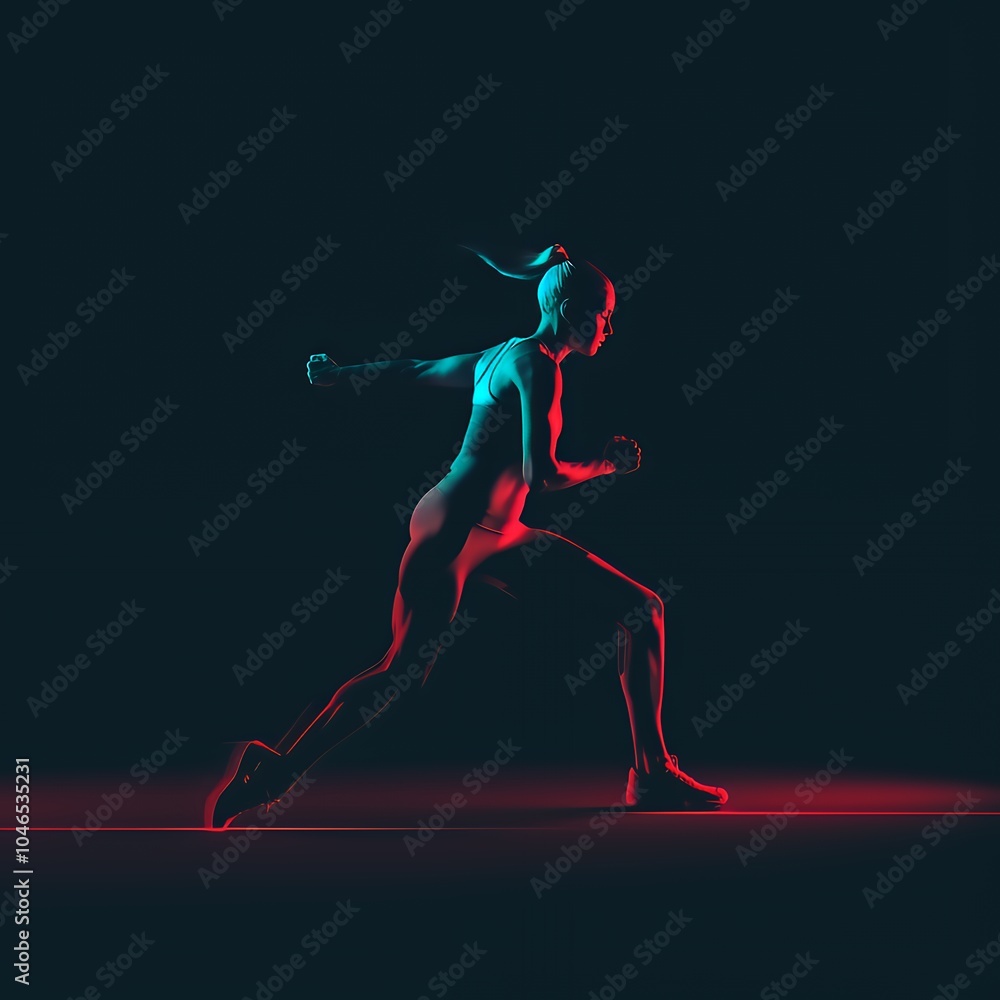 A woman in a dynamic running pose, illuminated by blue and red lights. A woman in a dynamic running pose, illuminated by blue and red lights.