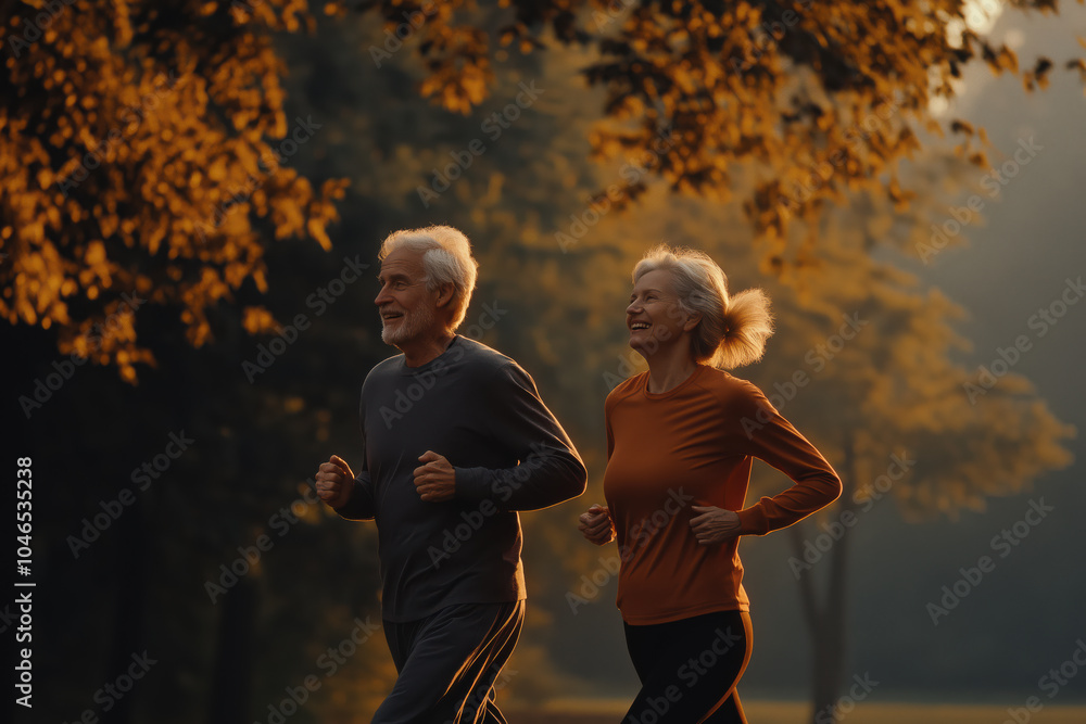 Fototapeta premium A couple of older people are running in a park
