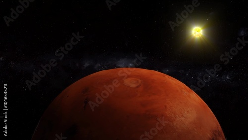 Mars planet with glowing sun on space