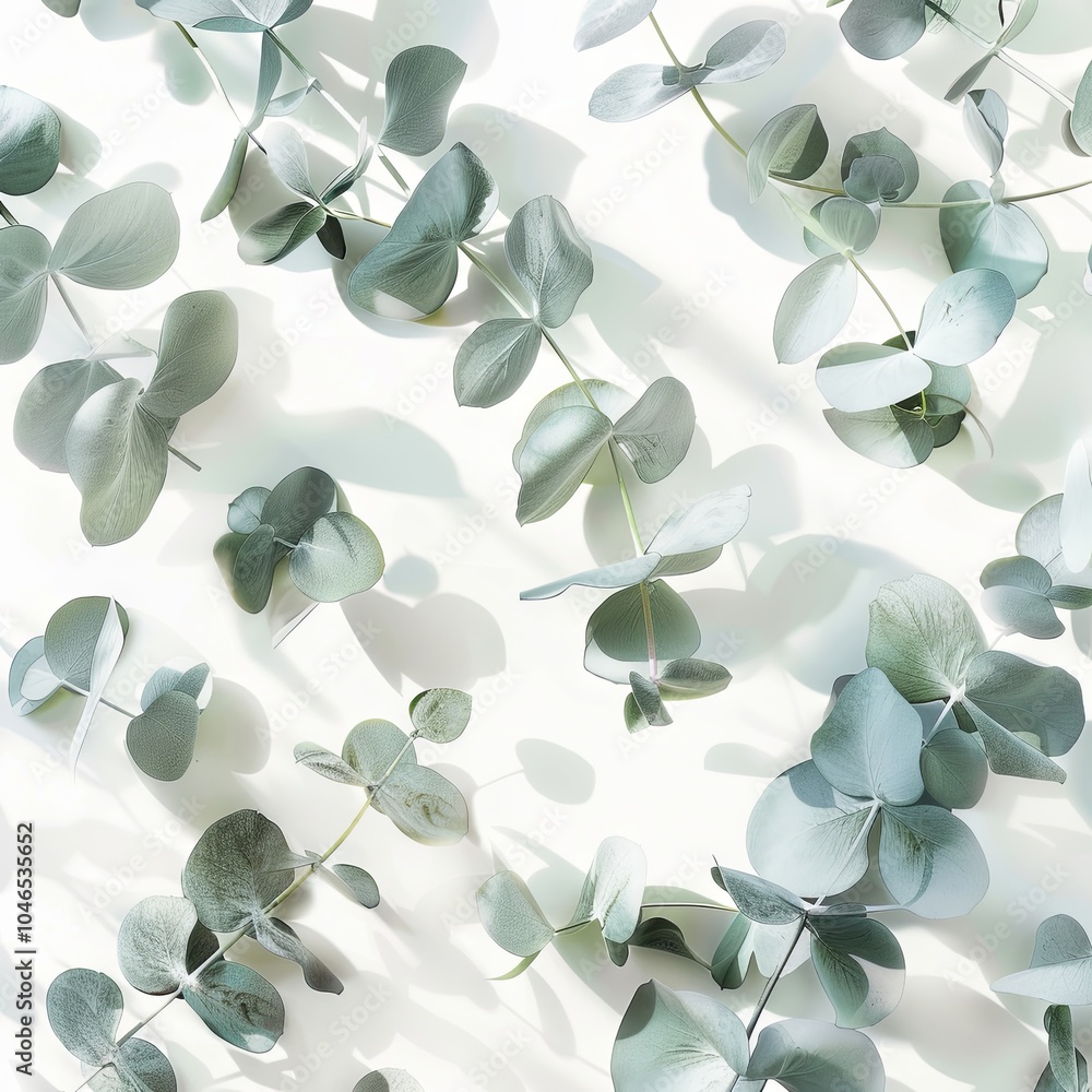 Fresh Eucalyptus Leaves on a Soft White Background: A Serene and Natural Flat Lay Composition with Soft Shadows and Elegant Green Tones Fresh Eucalyptus Leaves on a Soft White Background: A Serene and Natural Flat Lay Composition with Soft Shadows and Elegant Green Tones