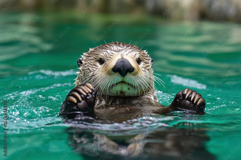 Fototapeta premium A playful otter floating in clear water, showcasing its adorable features.