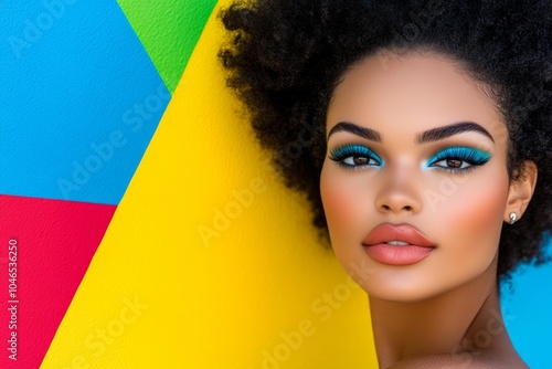 Woman with blue eyes and a blue eye shadow is standing in front of a yellow background. vibrant and lively mood. A vibrant and colorful advertisement an attractive model girl's face in the foreground