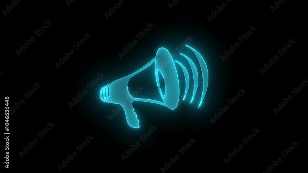 Neon Blue Megaphone Icon on Black Background