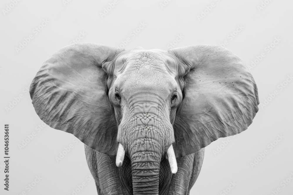 Obraz premium Majestic Black and White Portrait of an Elephant with Large Ears and Ivory Tusks Against a Minimalist Gray Background, Symbolizing Wildlife Conservation.