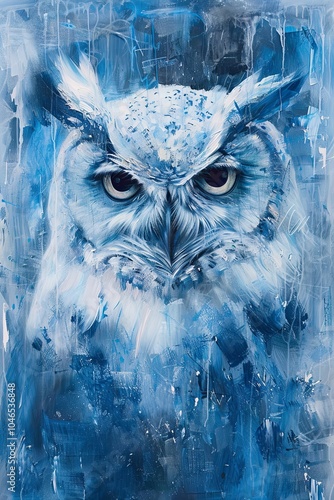 Majestic Blue Owl Portrait: Striking Art of a Wise Bird with Intense Eyes on a Cool-Toned Abstract Background, Perfect for Nature and Wildlife Themes. photo