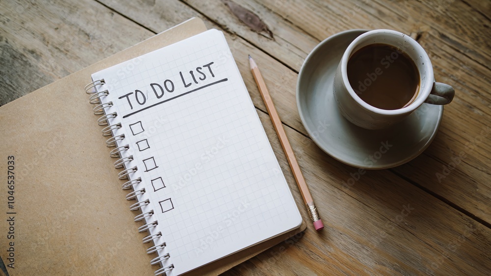 Blank to-do list with pencil and coffee cup on wooden table. Blank to-do list with pencil and coffee cup on wooden table.
