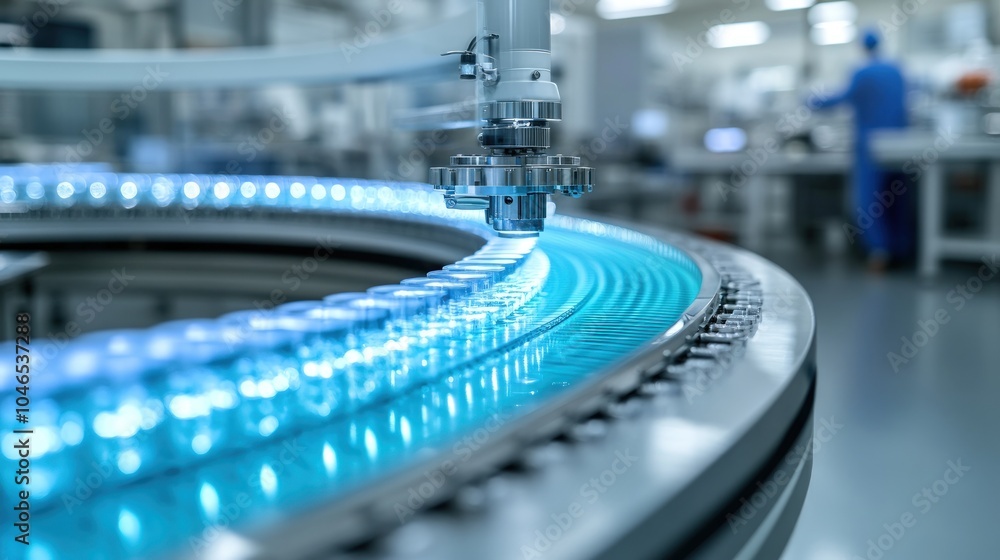 Automated production line with glass bottles moving on conveyor belt in a factory. Automated production line with glass bottles moving on conveyor belt in a factory.