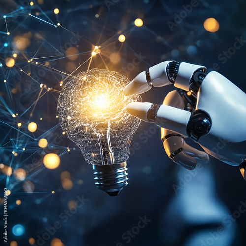 glowing bulb, Robot Touching Lightbulb, Robot Innovation Touching Lightbulb