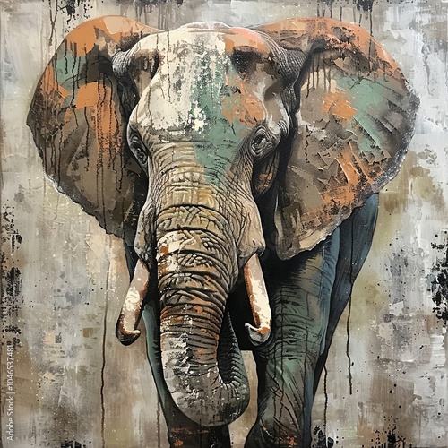 Majestic Elephant Portrait: Vibrant and Artistic Close-Up of an Elephants Face with Textured Background, Perfect for Wildlife Theme Decor and Art Enthusiasts. photo