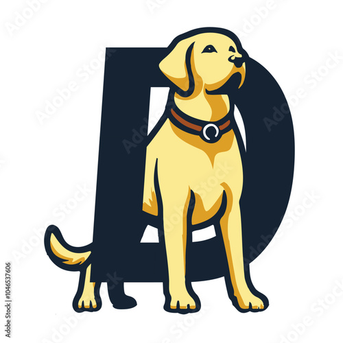 a vector design in the shape of a Labrador Retriever dog, in front of the letter D. Can be used as a logo for a business, farm or other business.