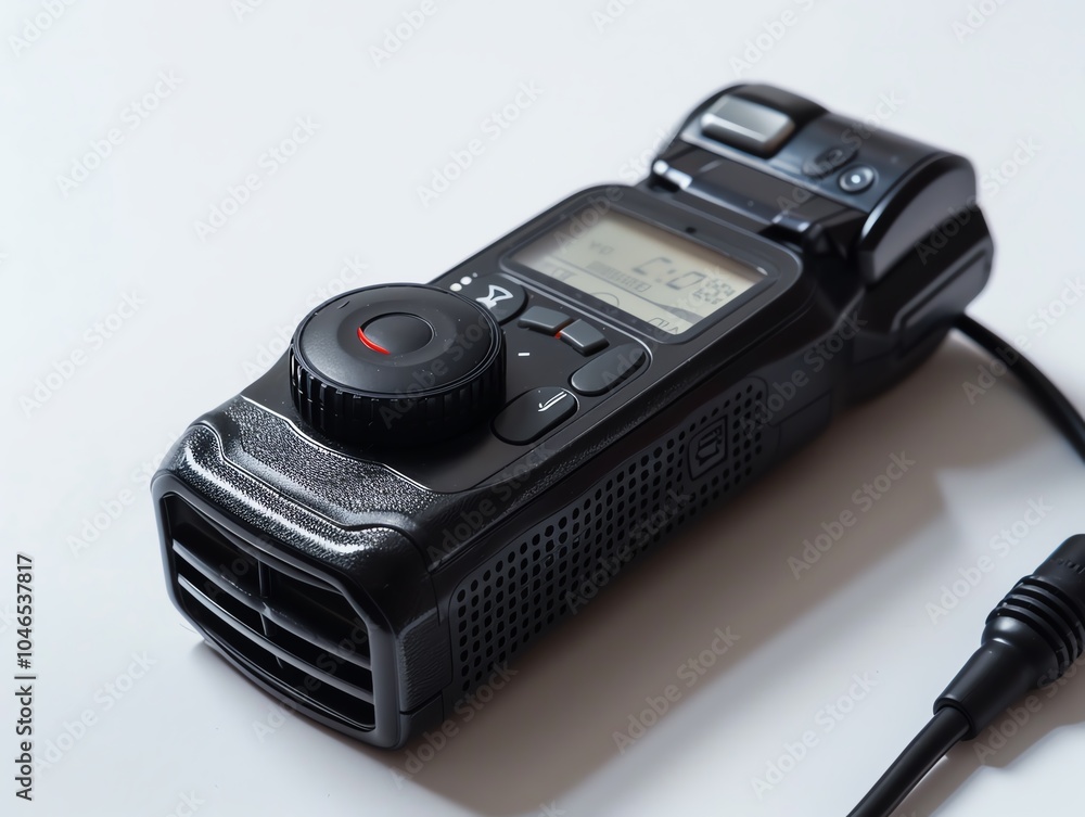 A voice recorder with an external microphone and windscreen A voice recorder with an external microphone and windscreen
