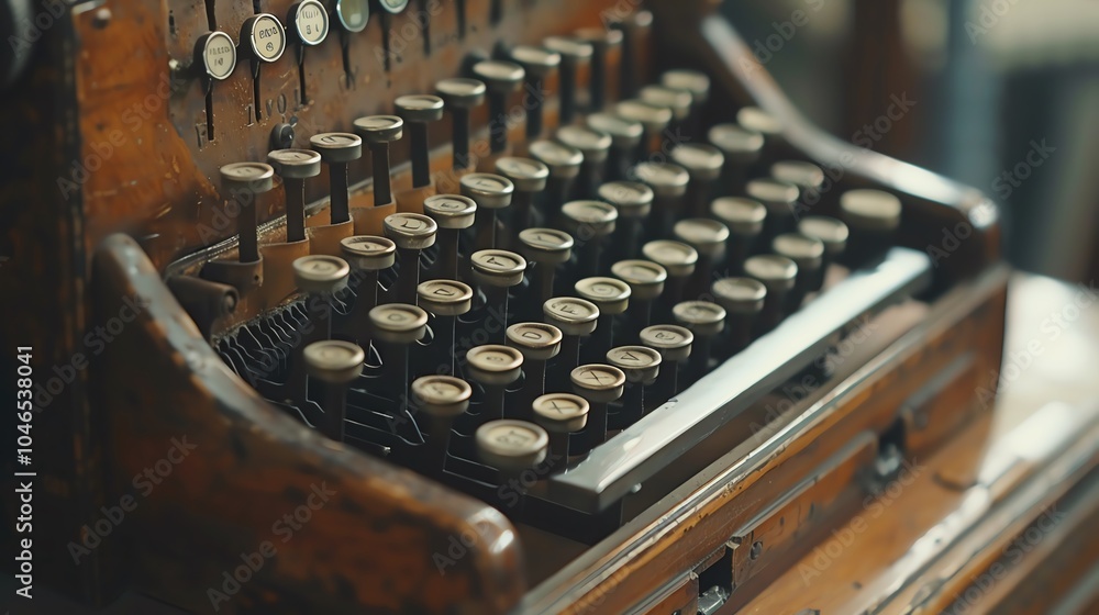 Closeup view of a traditional stenography machine with keys