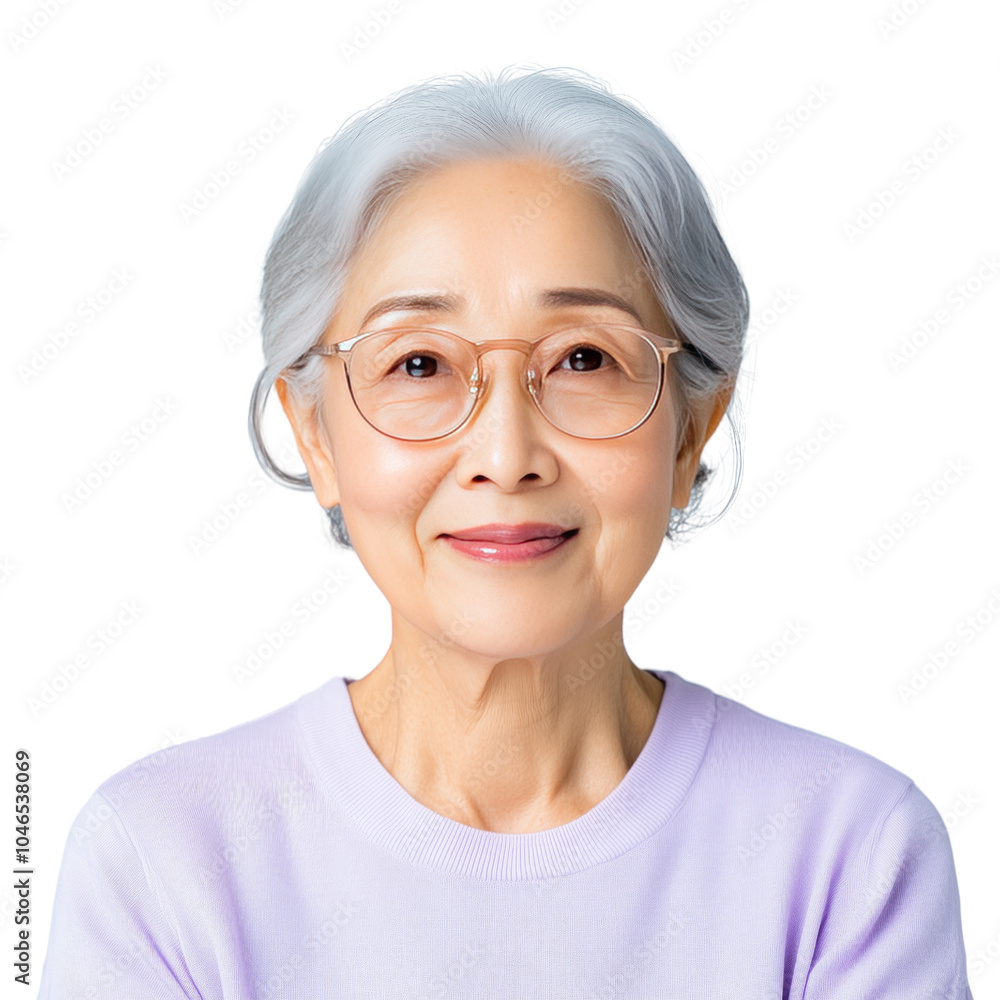 Fototapeta premium East Asian elderly woman grinning, wearing a lavender blouse and gray skirt, isolated on transparent background