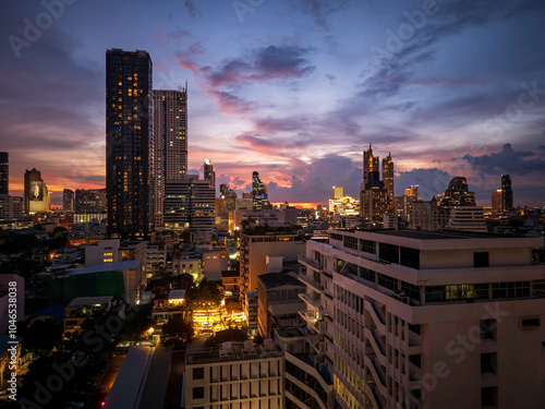 Photography Sunset cityscape of the business district of Silom Bangkok Thailand Asia
