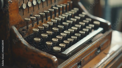 Closeup view of a traditional stenography machine with keys