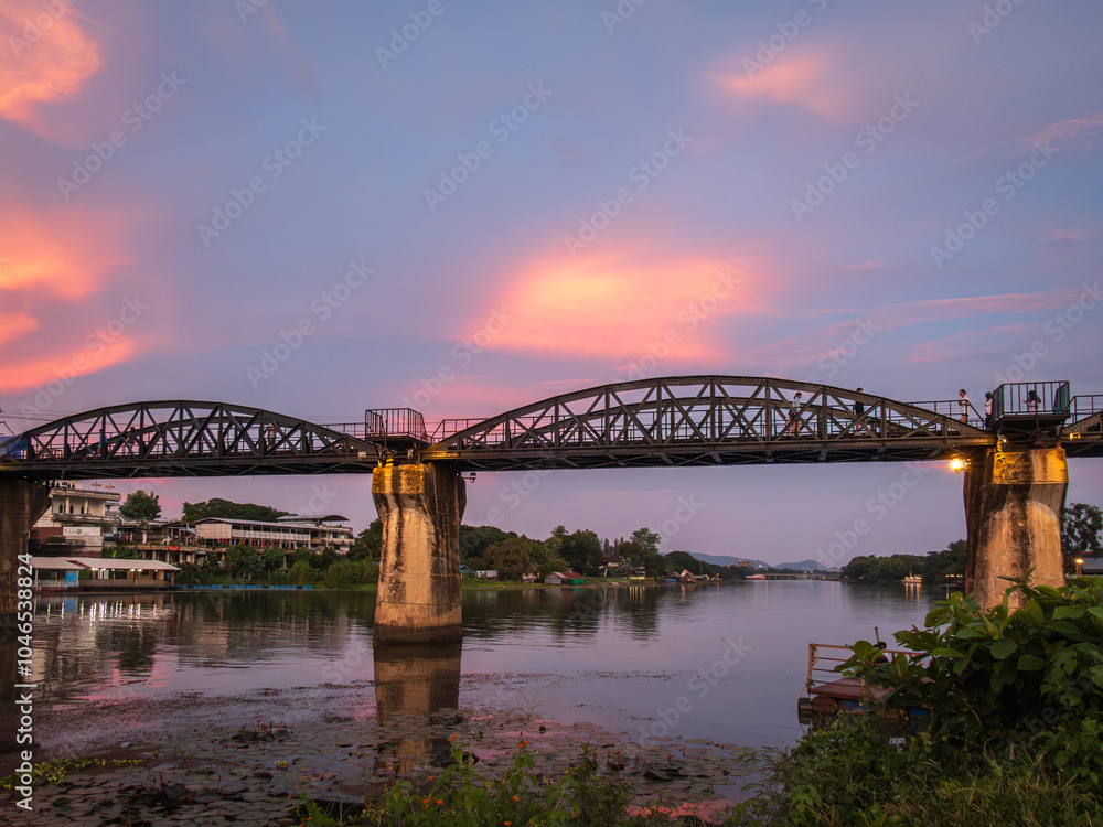 Naklejka premium Bridge over the river Kwai Sunset Kanchanaburi Thailand