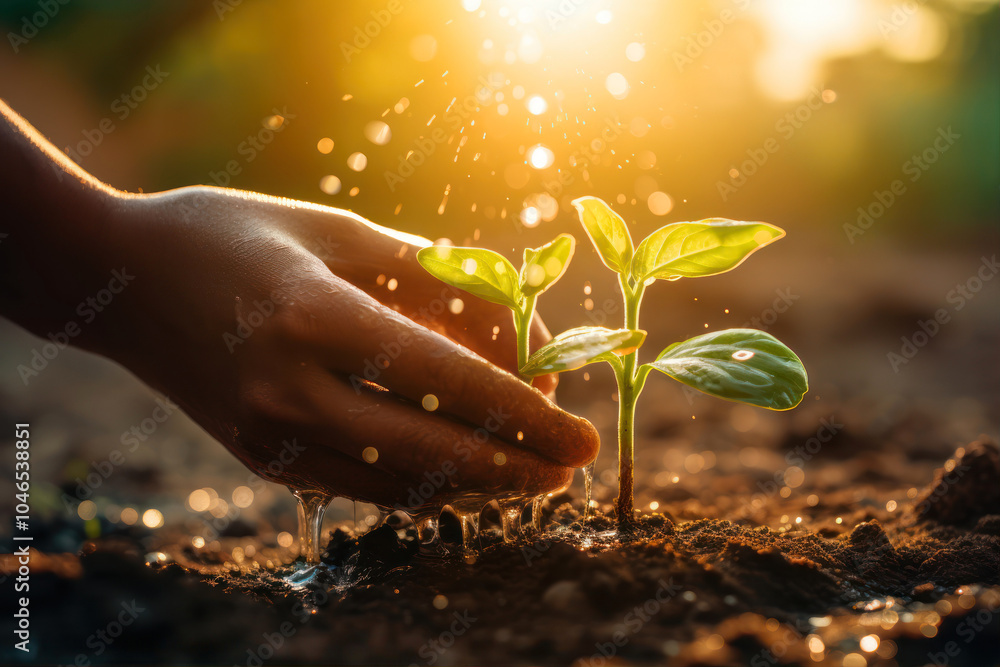 Fototapeta premium Morning sunlight nurtures new seedlings in rich, fertile soil