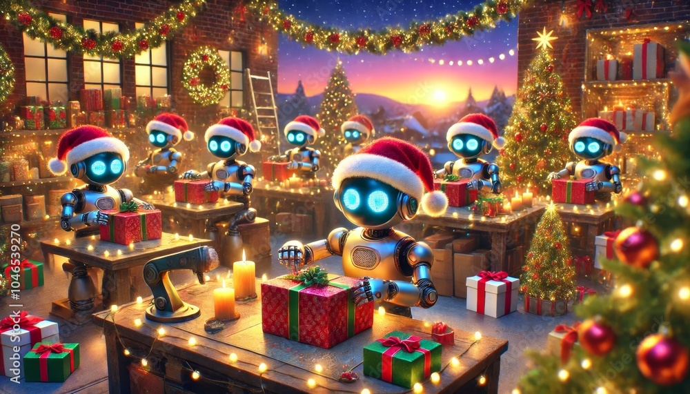 Naklejka premium Tech-Savvy Santa: Robots Wrapping the Holidays