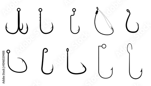 Fish hook icon set. Collection os different types Fishing hook. Worm, weedless, treble,  bait holder,  octopus, jig, sivash. Simple black vector hook silhouette