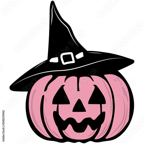 This is a jack-o-lantern with triangular eyes and a jagged mouth. It wears a black witch hat with a white belt buckle, perfect for Halloween!