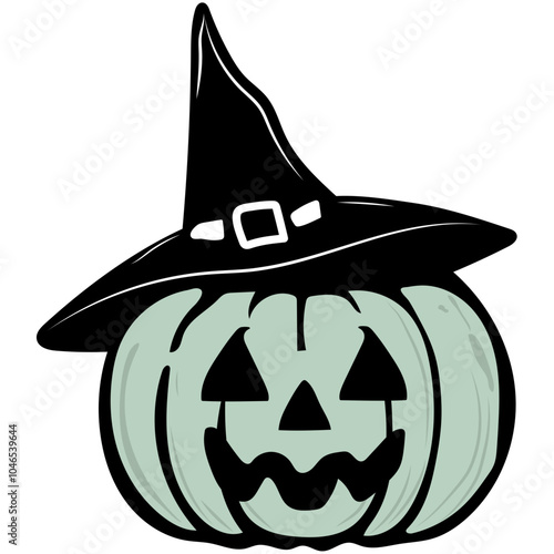 This is a jack-o-lantern with triangular eyes and a jagged mouth. It wears a black witch hat with a white belt buckle, perfect for Halloween!