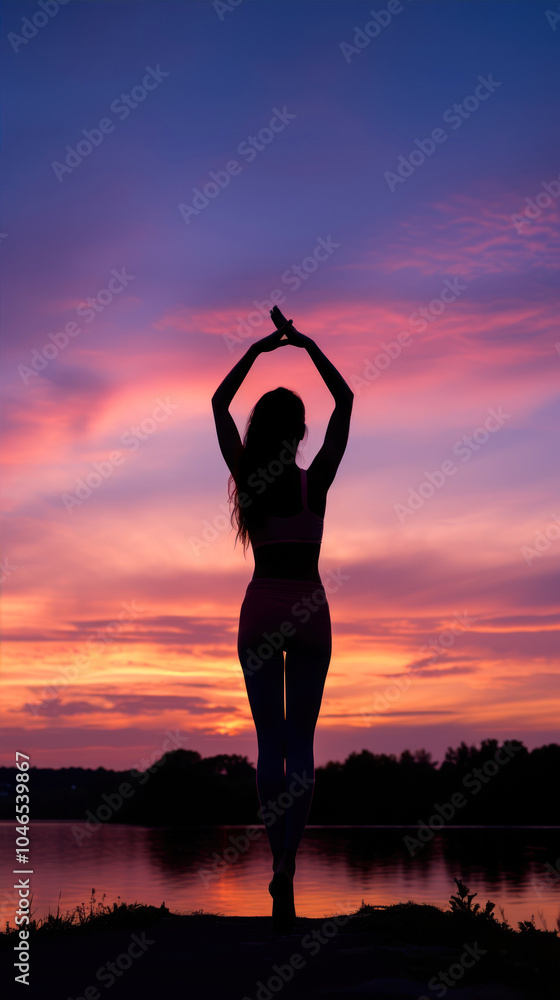 Silhouette portrait of a woman practicing yoga during a vibrant sunset over the water Silhouette portrait of a woman practicing yoga during a vibrant sunset over the water